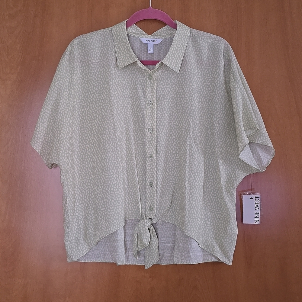 Nine West Green & Cream Button Down Top Tie Front Peter Pan Collar Size XL